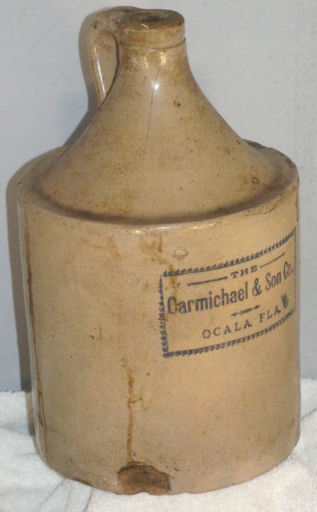 Carmichael and Son Ocala FL, White Stoneware Whisky Jug, ca 1908