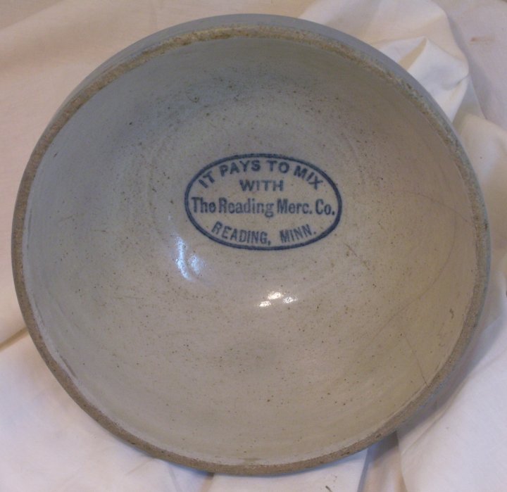 Salt Glaze Mixing Bowl with Advertising from Reading MN in 1920s