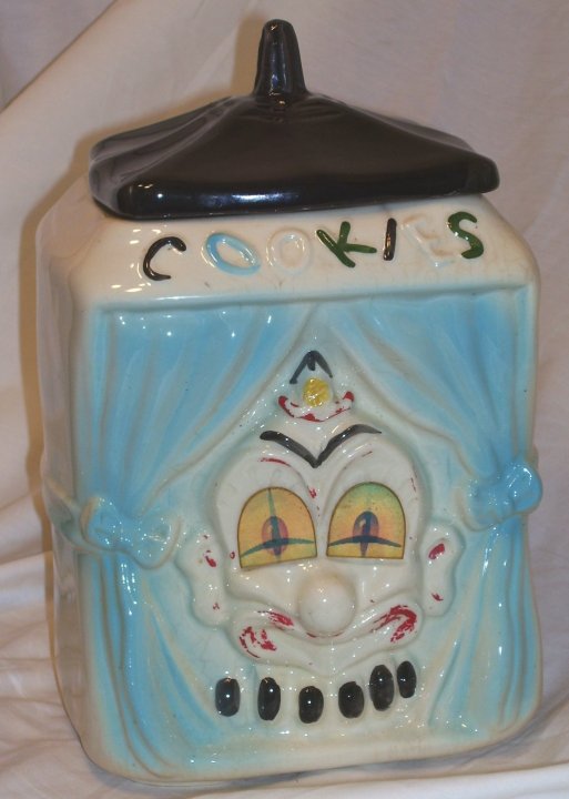 American Bisque Cookie Jar, Clown On Stage Flashing Eyes, 1950s