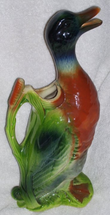 St Clement Majolica Duck Decanter or Pitcher, circa 1891 - Click Image to Close