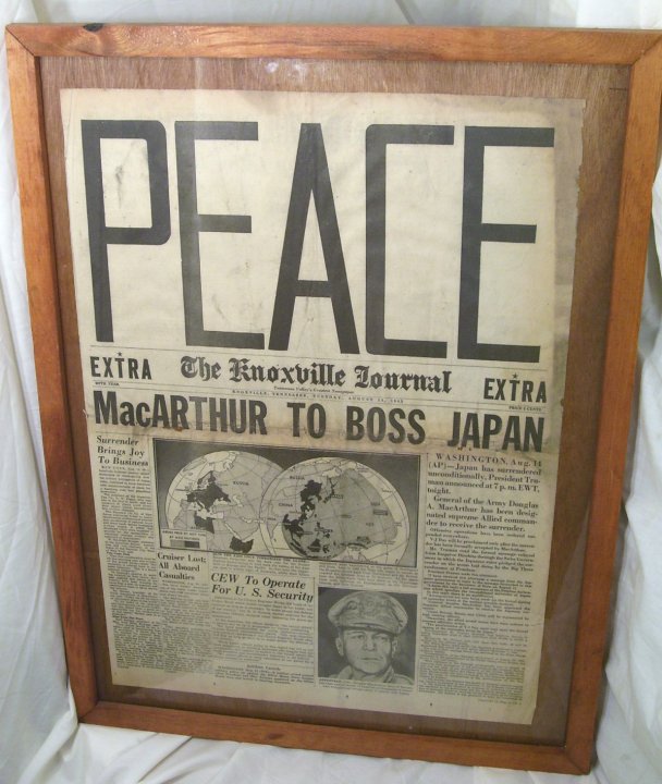 Framed Newspaper VJ Day, Peace, August 14, 1945