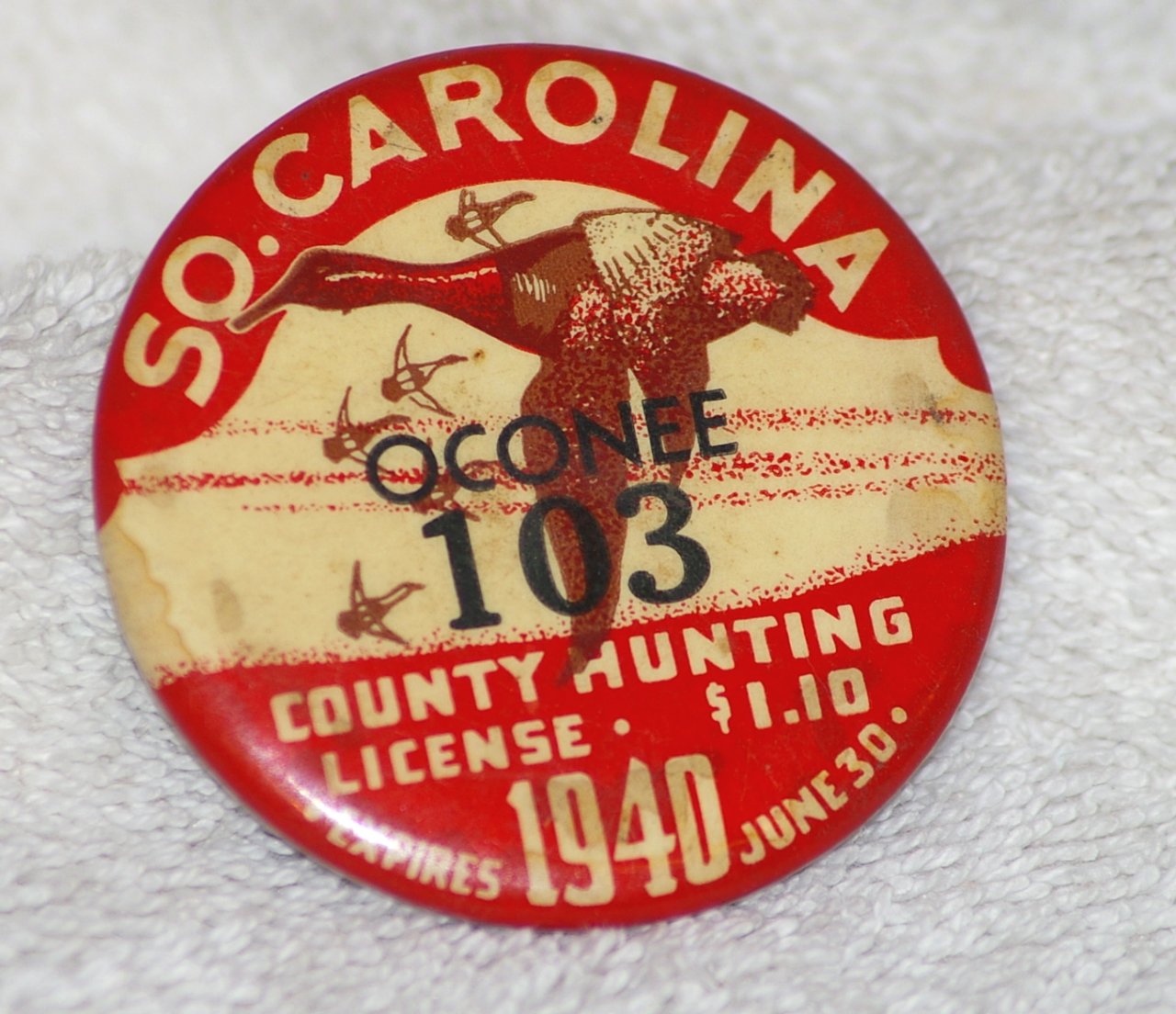 Oconee Co South Carolina Hunting License Badge with Ducks 1940