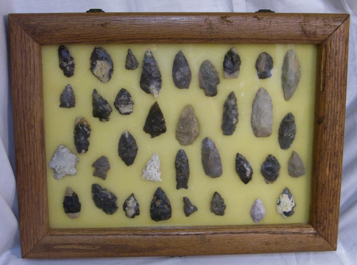 American Indian Artifacts with Arrowheads in Oak Case