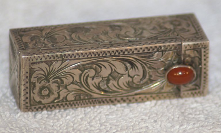 Indian Coin Silver Lipstick with Mirror and Coral Clasp, 1920s