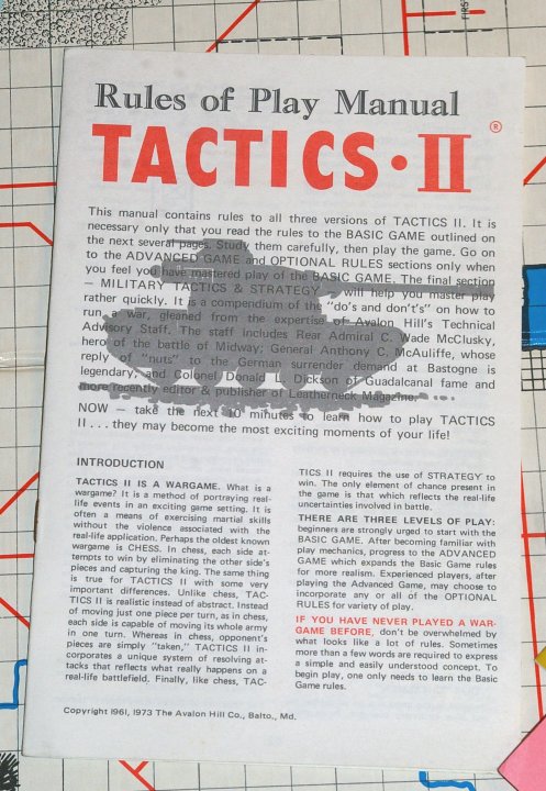 Avalon Hill Tactics II Wargame from 1973, Unpunched - Click Image to Close
