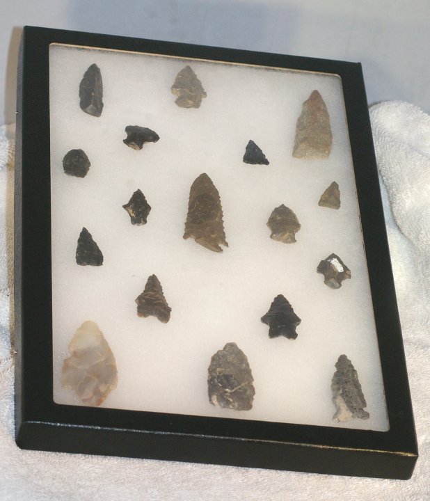 American Indian Artifacts with Arrowheads in Display Case American Indian Artifacts with Arrowheads in Display Case
