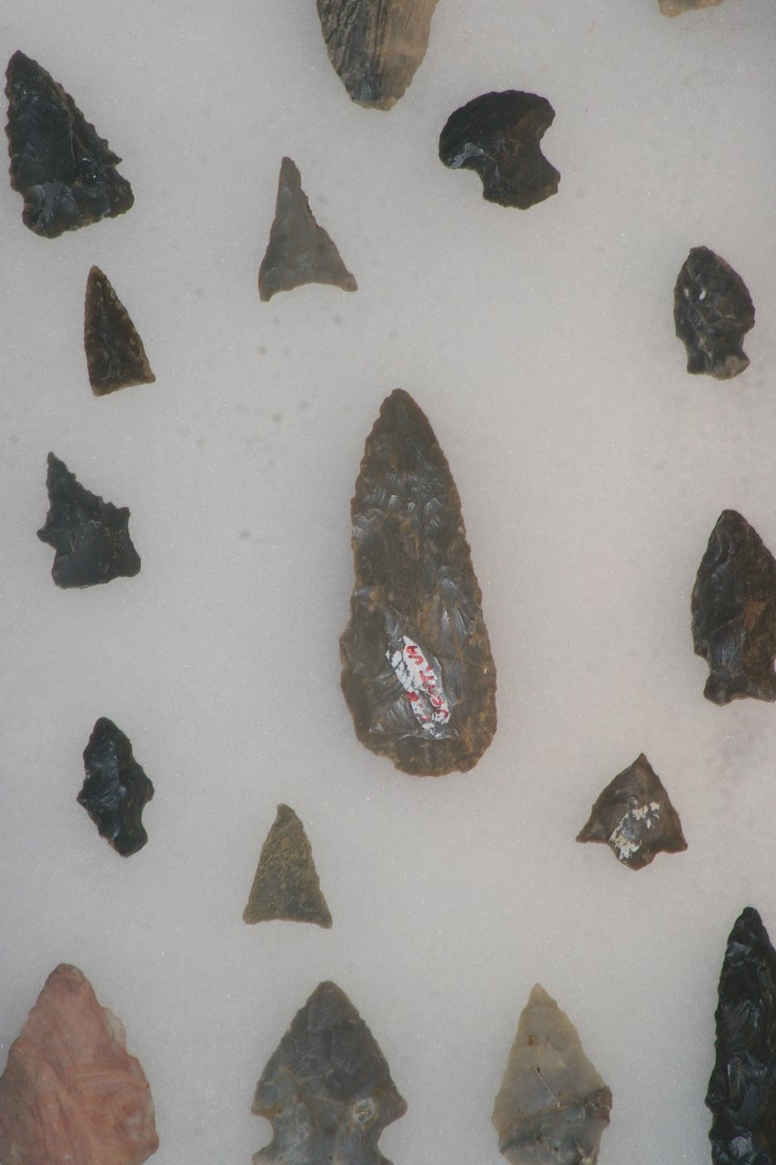 American Indian Artifacts with Arrowheads in Display Case